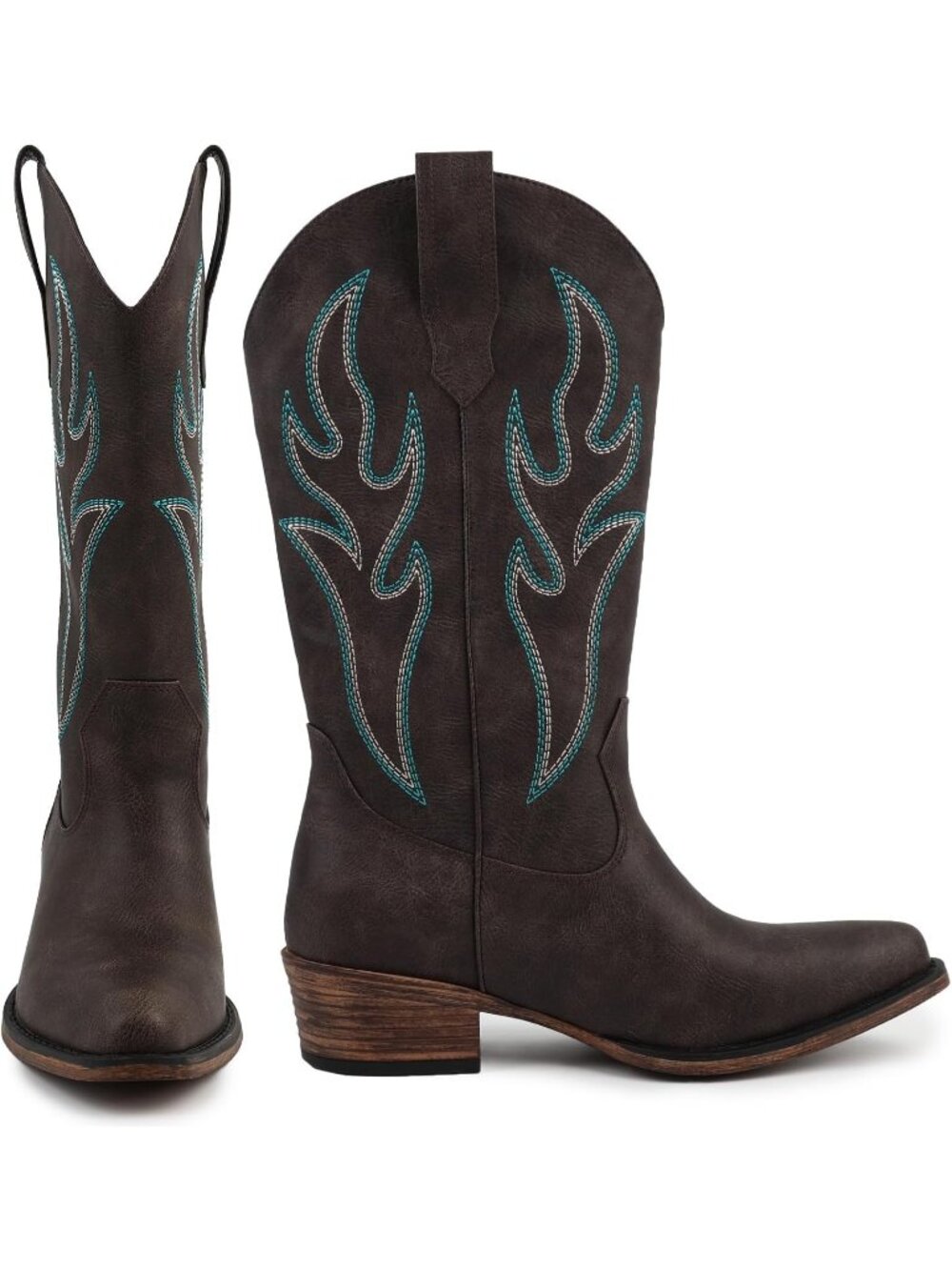 Women Dark Brown Mid Calf Cowgirl Boots with Embroidered Pointed Toe Chunky Heel - Picture 6 of 7